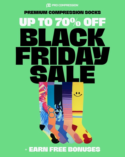 A high-contrast promotional graphic featuring a clear discount offer and a selection of branded compression socks against a bright green background.