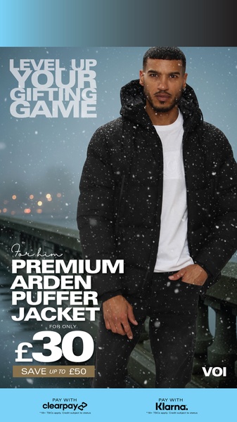 A high-impact seasonal ad featuring a model in a premium puffer jacket, emphasizing a significant discount during a winter snow scene.