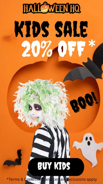 A festive Halloween promotional graphic featuring a child in a themed costume with a bold 20% discount offer.