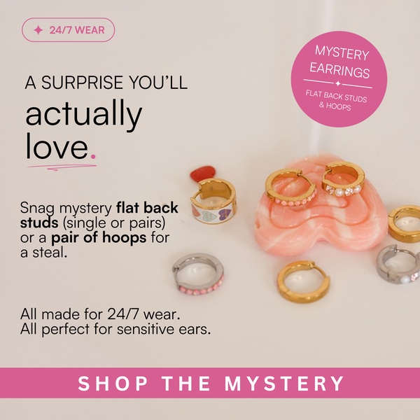 A high-conversion 1:1 social media ad creative promoting mystery earrings, emphasizing the value of flat-back studs and hoops for sensitive ears.