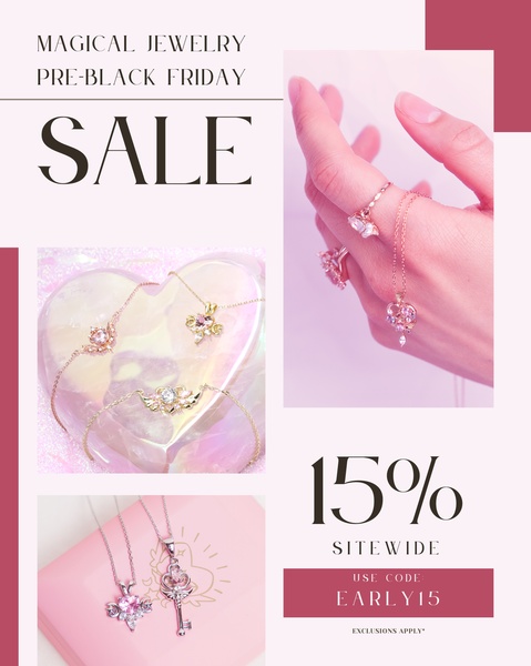 A soft-toned promotional creative featuring a jewelry collection on a model and as individual product shots with a 15% discount offer.