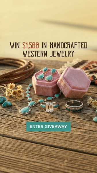 A luxury-toned, vertical-format ad creative featuring handcrafted western jewelry laid out on a rustic wooden background to promote a giveaway.