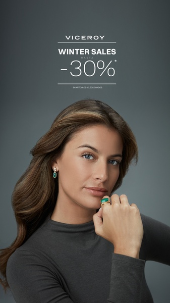 A high-end portrait of a woman modeling jewelry to announce a seasonal discount of up to 30 percent.