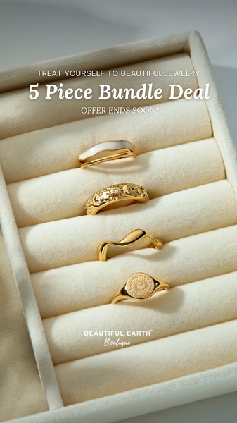 This vertical 9:16 ad features a collection of four gold rings neatly displayed in a velvet jewelry tray, highlighting a limited-time bundle offer.