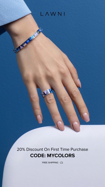 A close-up, minimalist product shot of a hand wearing a matching patterned ring and bangle set against a deep blue background.