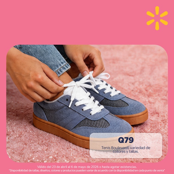A close-up shot showing a person tying shoelaces on blue sneakers, highlighting an affordable price point and seasonal availability.
