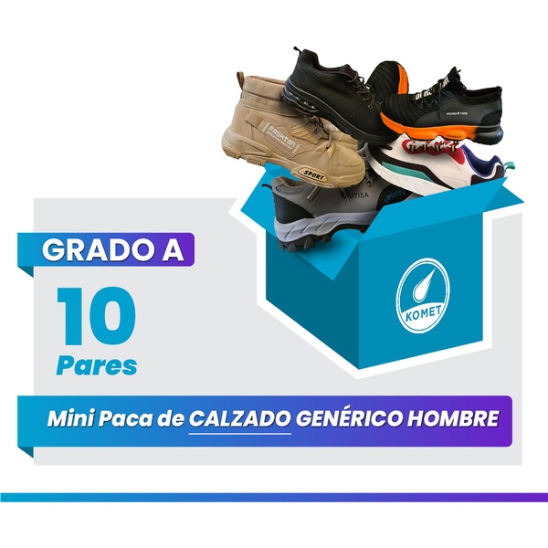 A square-ratio ad creative showcasing a bulk box of assorted mens shoes, highlighting the offer of 10 pairs of Grade A stock.
