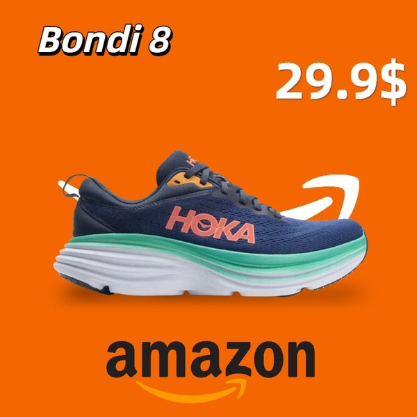 A high-contrast 1:1 ad featuring a Bondi 8 running shoe against a solid orange background to emphasize price and product silhouette.