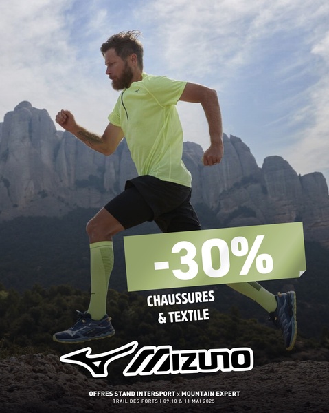A high-intensity action shot of a trail runner against a rugged mountain landscape, featuring a clear, high-contrast promotional overlay for footwear and apparel.