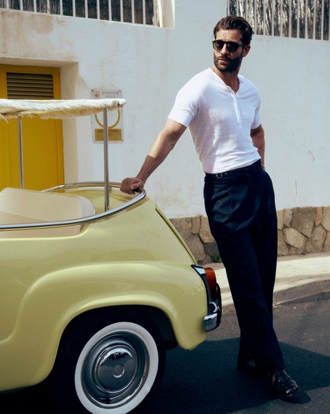 white henley, linen t-shirt, short sleeve shirt, summer henley, linen top, brand awareness, lifestyle, editorial, calm, luxurious, neutral, yellow