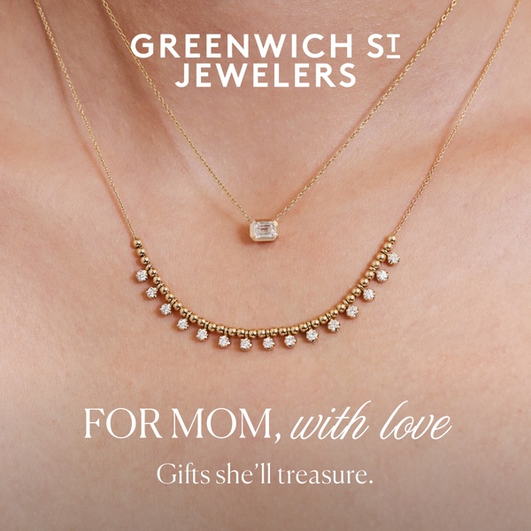 A close-up, high-quality shot of layered gold necklaces worn by a model, centered on an emotional gift-giving message for Mother's Day.