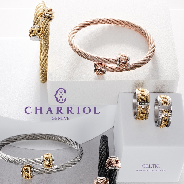A refined product hero shot featuring multiple wire-style bracelets and rings from the Celtic jewelry collection displayed on textured white blocks.