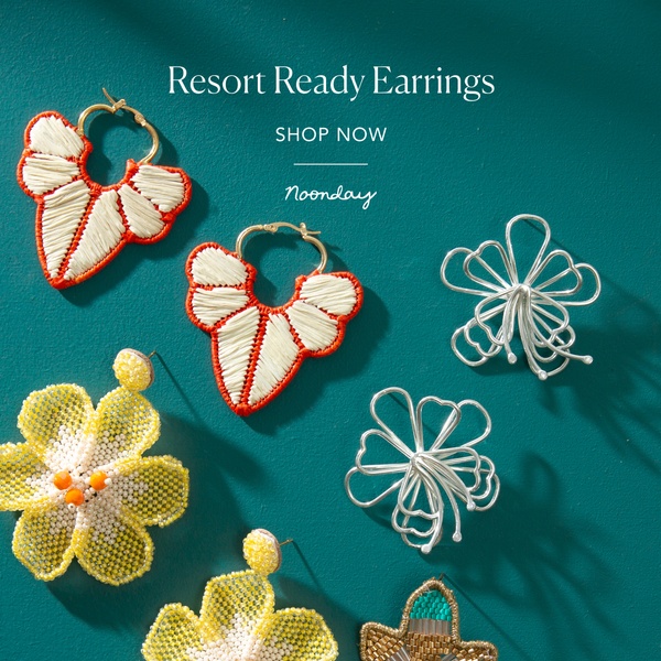 A top-down, balanced flat lay photography display of various resort-inspired earrings against a solid teal background.