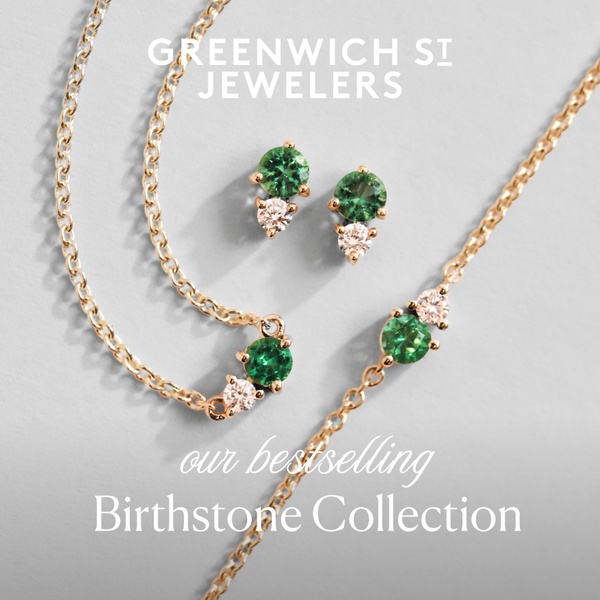 A high-quality 1:1 image featuring a birthstone necklace and matching stud earrings on a clean, soft-grey background with elegant gold accents.
