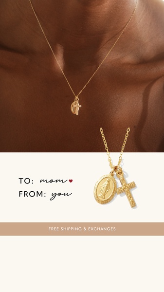 This creative pairs a close-up lifestyle shot of a gold pendant necklace with a clear, heartfelt gifting prompt on a clean background.