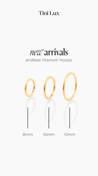A high-quality, vertical product display showing three different sizes of titanium hoops with clear dimension labeling.