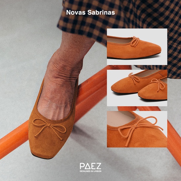 This creative uses a clean, grid-based layout to showcase a pair of orange suede ballet flats, combining lifestyle and detail-oriented product shots.