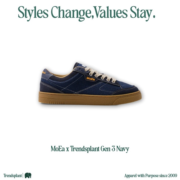 A high-quality product hero shot of a navy sneaker featuring a clean, minimalist layout and brand-aligned messaging.