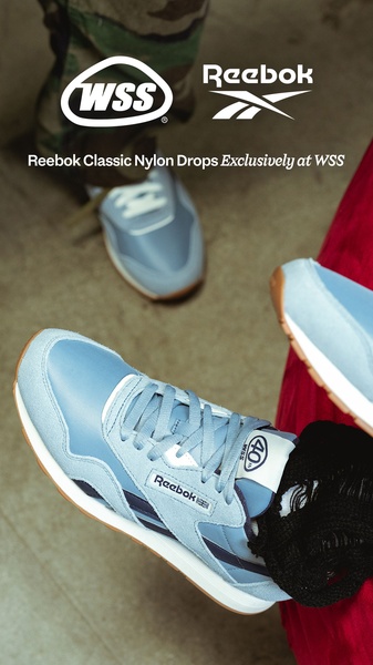 A vertical-oriented lifestyle shot showcasing a specific colorway of a classic running shoe, emphasizing the brand collaboration and exclusivity.