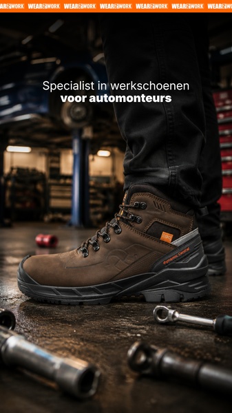 A close-up vertical image focusing on a durable brown leather work shoe in an automotive workshop setting with scattered tools.