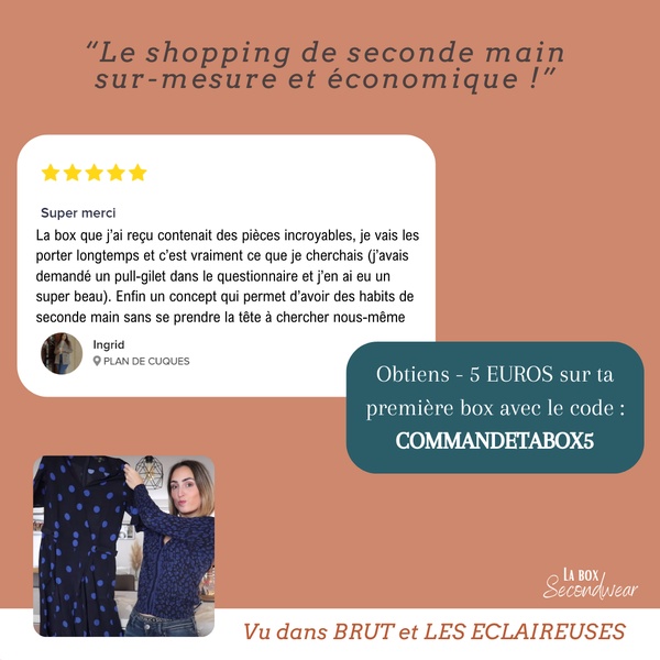 clothing subscription, second hand box, curated clothing box, pre-owned clothes, vintage clothing box, customer review, discount offer, lifestyle, trustworthy, playful, neutral, blue