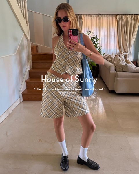 plaid shorts set, two piece set, checkered vest, tailored shorts, matching shorts set, summer clothing set, customer review, brand awareness, lifestyle, ugc style, playful, fresh, neutral, blue