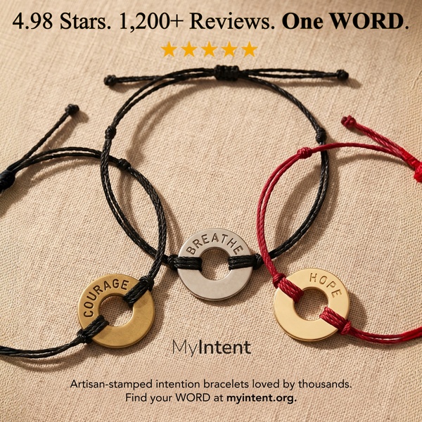 A clean, minimalist 1:1 image featuring three intention bracelets with metallic charms, emphasizing a 4.98-star rating and 1,200+ customer reviews.