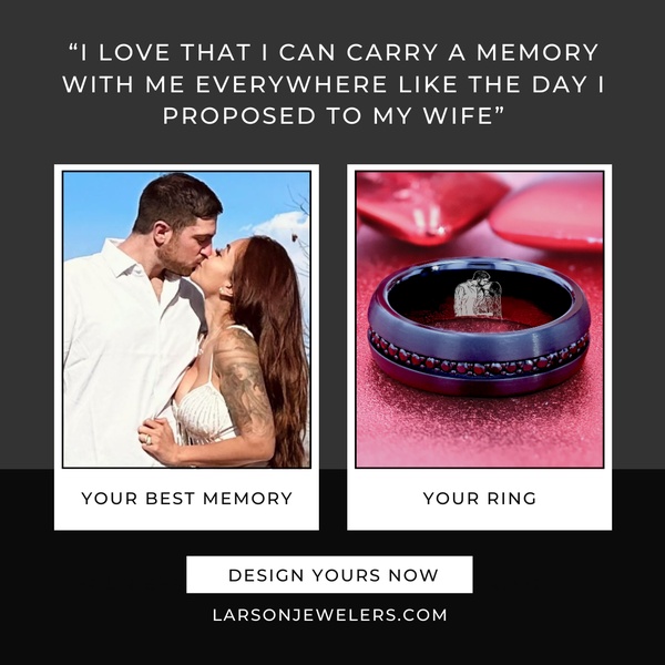 A square-format static ad featuring a personal customer quote side-by-side with a close-up of an engraved ring, connecting a romantic memory to the jewelry product.