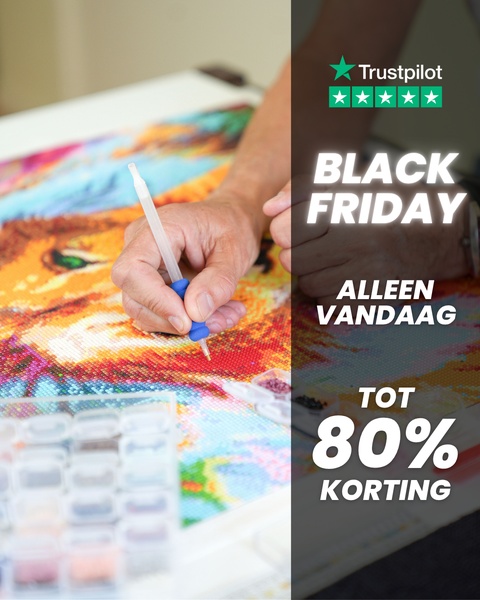 A close-up demonstration of diamond painting in progress paired with a bold, high-contrast Black Friday text overlay and social proof.