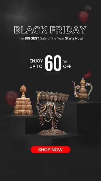 A high-contrast, minimalist promotional graphic showcasing three ornate collectible statues against a dark, dramatic background to announce a Black Friday sale.