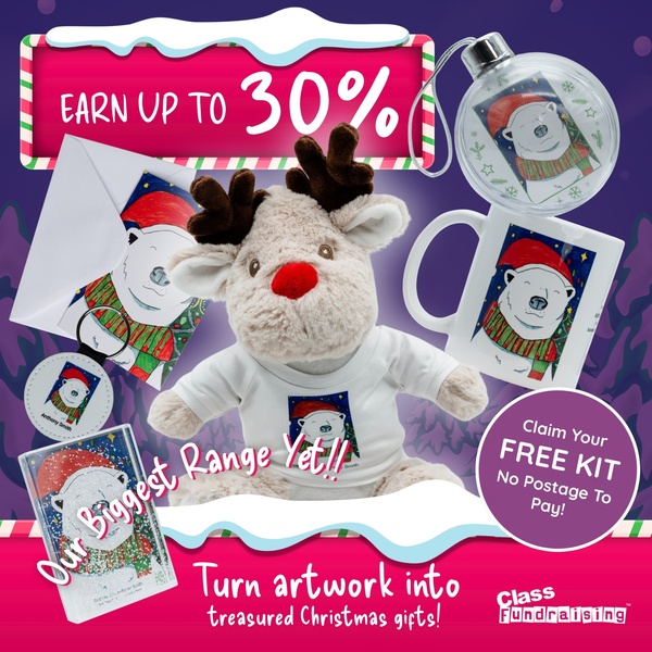 This creative showcases a seasonal fundraising bundle, displaying multiple gift items personalized with a polar bear artwork. It clearly states the incentive to earn up to 30% while offering a free kit.