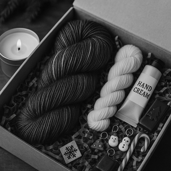 A high-contrast, black and white flat lay of a curated yarn gift set featuring hand cream, themed stitch markers, and a candle.