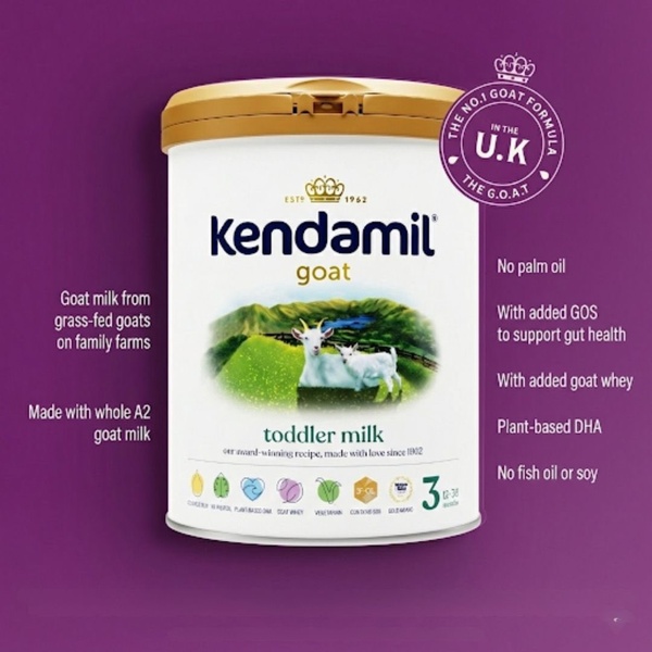 A clean, centered product shot of Kendamil Goat toddler milk highlighting key nutritional benefits and quality certifications against a solid purple background.