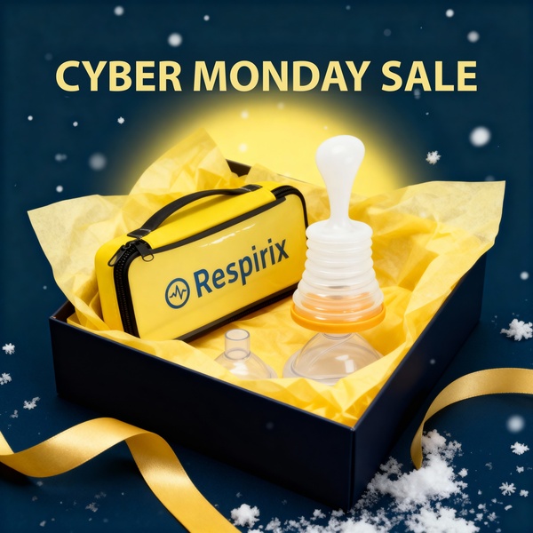 A high-contrast, holiday-themed product showcase featuring the nasal aspirator kit in a yellow box, tied to a Cyber Monday promotional event.