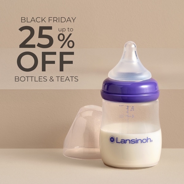 A clean, minimalist product spotlight showing a baby bottle with text-overlay branding for a Black Friday site-wide discount.