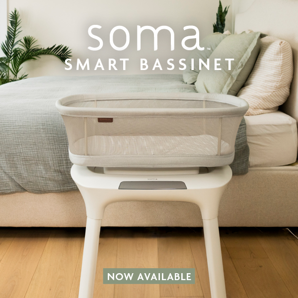 A clean, lifestyle-oriented ad creative showcasing the Soma Smart Bassinet placed in a neutral, modern bedroom setting.