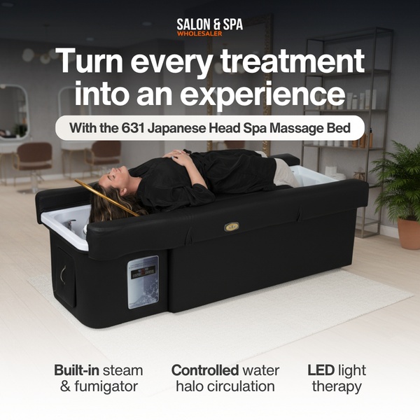 A high-end 1:1 image showing a customer receiving treatment on a Japanese Head Spa Massage Bed, highlighting key technical features like steam and LED light therapy.