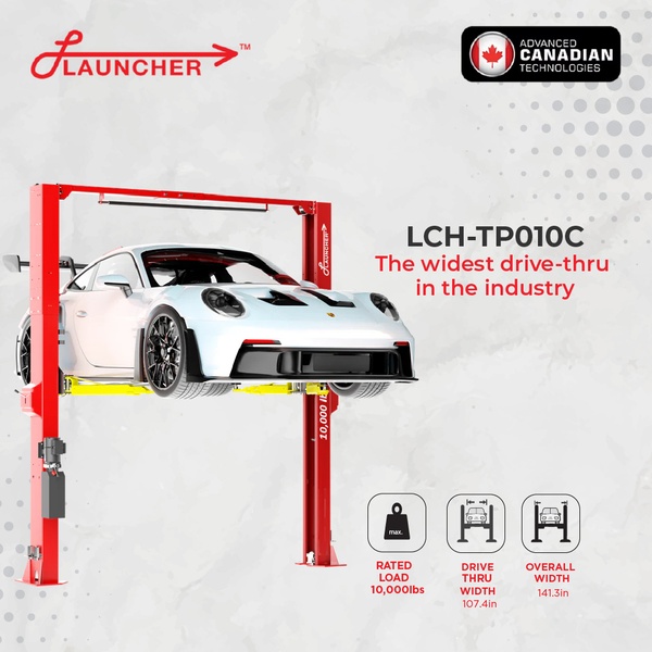 A technical infographic-style ad featuring a car lift showcasing specific load and width measurements.