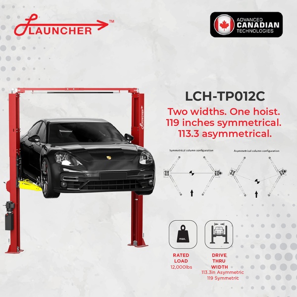 This ad creative uses a clean, technical layout to highlight the dual-width capabilities of a high-capacity two-post hoist.