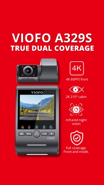 A feature-focused vertical ad highlighting the dual-camera capabilities and technical specifications of the A329S dash cam against a bold red background.