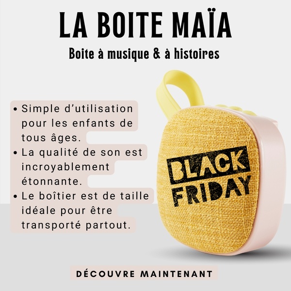 A square format promotional graphic for a music and story box, highlighting key product benefits alongside a Black Friday sale call-to-action.