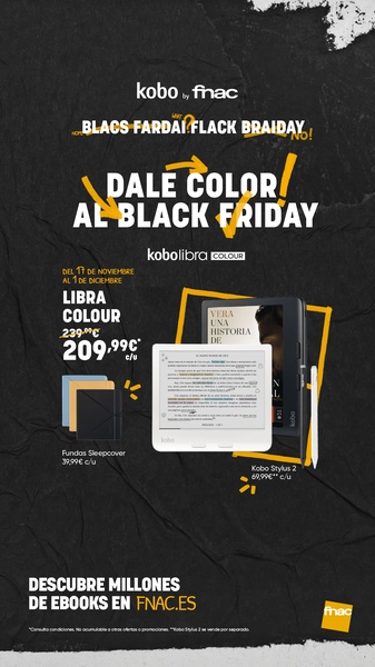 This ad features a high-contrast Black Friday promotion for the Kobo Libra Colour, highlighting both the device and its compatible accessories.