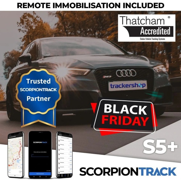 A 1:1 square promotional ad featuring a stolen vehicle tracking system, emphasizing Thatcham accreditation and remote immobilisation features.