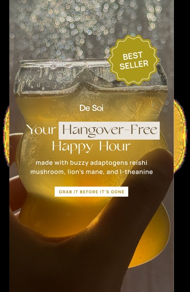 A close-up of a beverage served in a unique glass with a Best Seller badge, highlighting key ingredients like adaptogens to position the product as a wellness alternative.
