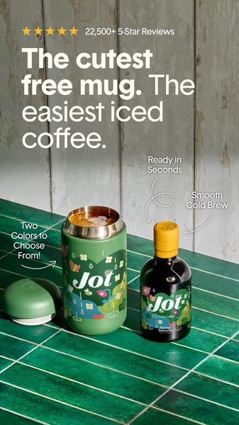 A split-screen style, high-contrast product ad featuring a cold brew coffee bottle and branded mug, highlighting ease of use and seasonal design.
