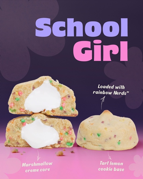 stuffed cookie, marshmallow cookie, soft baked cookie, candy cookie, gourmet cookie, product demo, bestseller push, minimalist, playful, purple, pink
