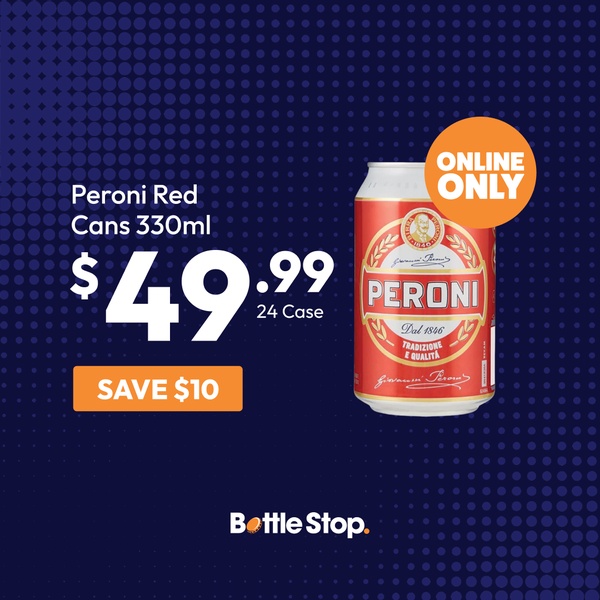 A high-contrast promotional ad for a 24-pack of beer cans, featuring a bold price reduction and clear call-to-action for online purchase.