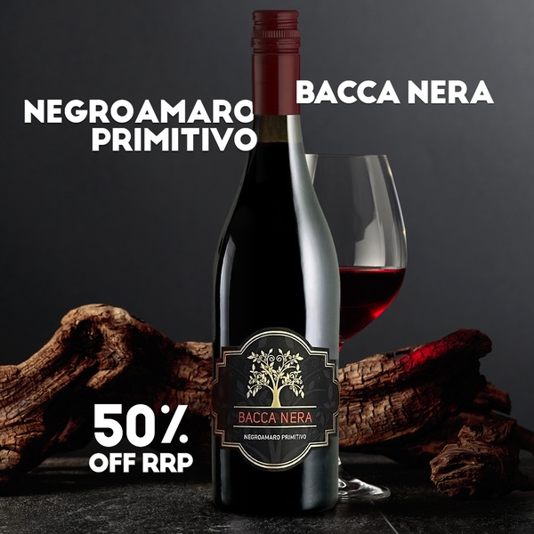 A high-contrast studio shot of a red wine bottle paired with an offer-focused headline to drive immediate conversions.