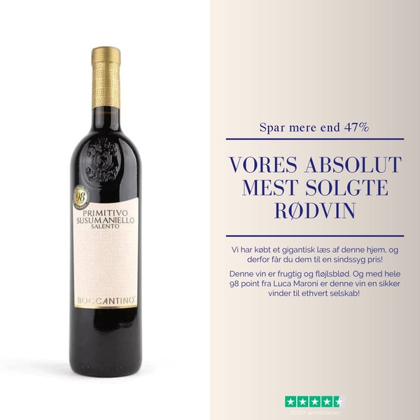 A square-format static ad highlighting a 47% discount on red wine, using social proof from high ratings and expert reviews to drive sales.