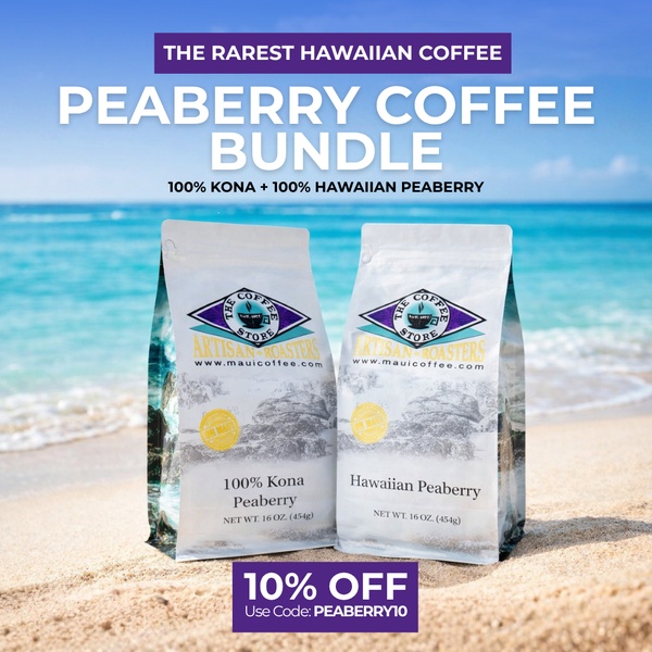 This ad creative features two bags of premium Hawaiian coffee set against a sunny beach background, clearly communicating an exclusive discount code.